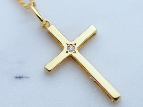 画像1: K18 イエローゴールド ダイヤモンド0.01ct クロス　ペンダント　18金 18k ネックレス デザイン (1)