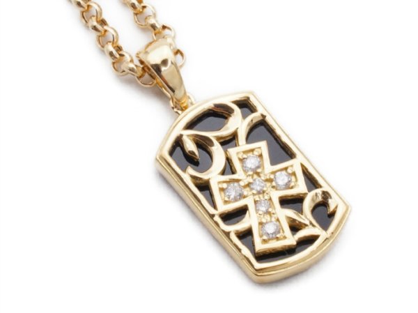 画像2: K18 ダイヤモンド イエローゴールド オニキス ドッグタグ クロス ペンダントチェーンセット (2)