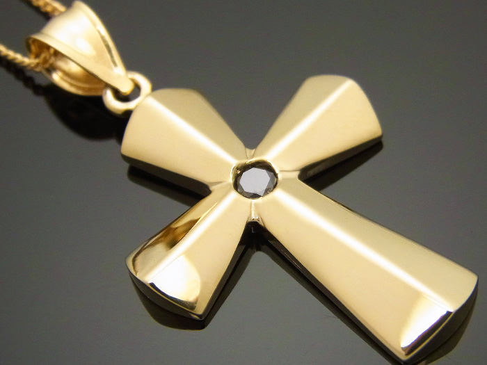 10k　イエローゴールド　ブラックダイヤモンド 0.12ct アメリカデザイン　クロスペンダント18金チェーンセット　18k ネックレス