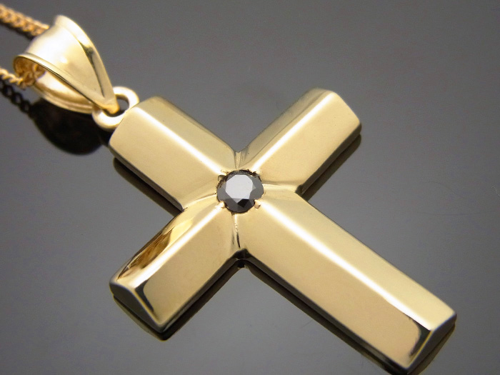 10k　イエローゴールド　ブラックダイヤモンド 0.15ct アメリカデザイン　クロスペンダント18金チェーンセット 18k